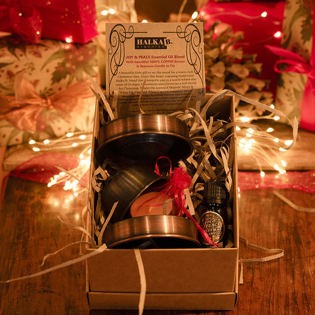 JOY & PEACE Christmas Essential Oil Blend with Deluxe Copper Artisan Candle Burner