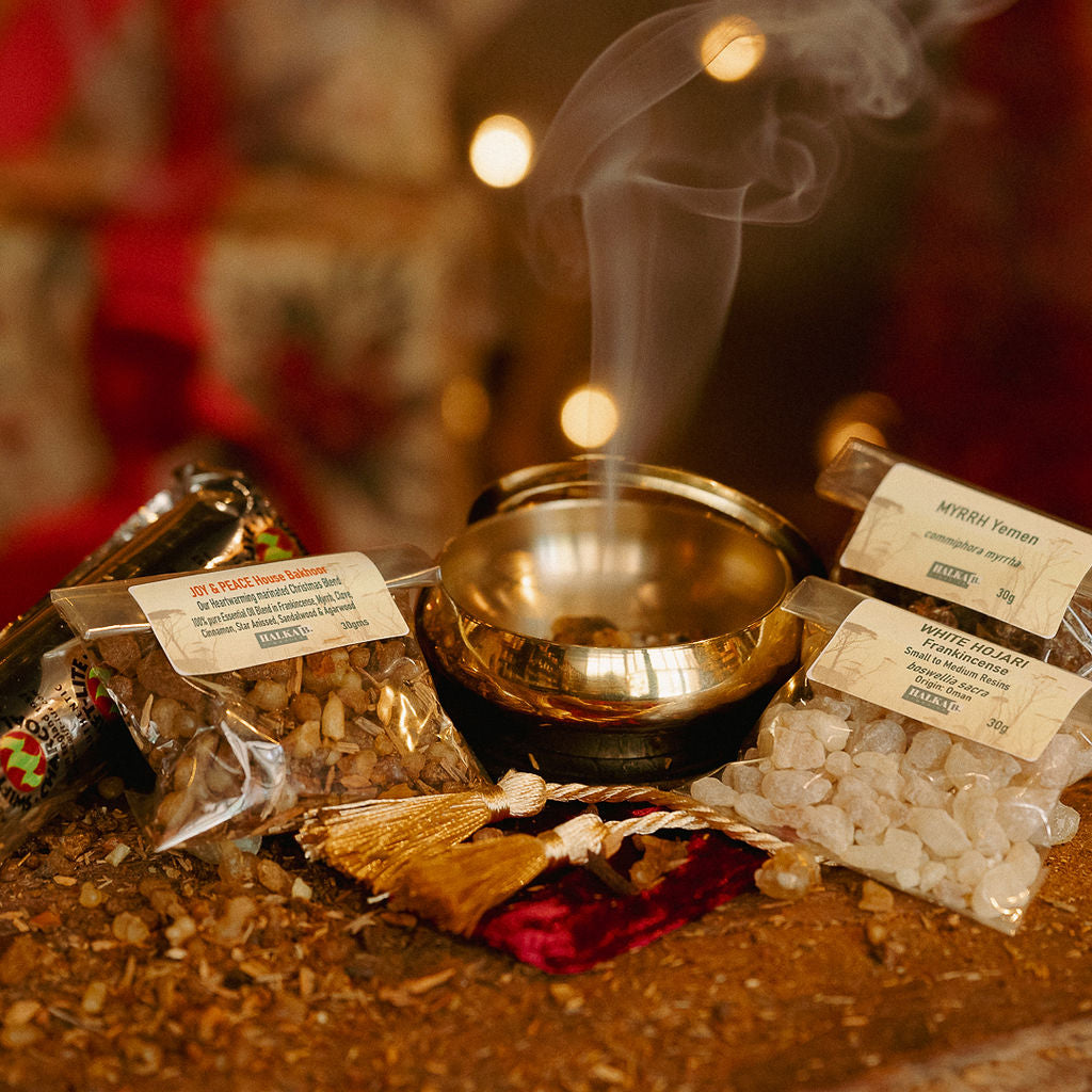 Frankincense, Myrrh and JOY & PEACE Christmas Bakhoor & Gold CHARCOAL Burning Delight